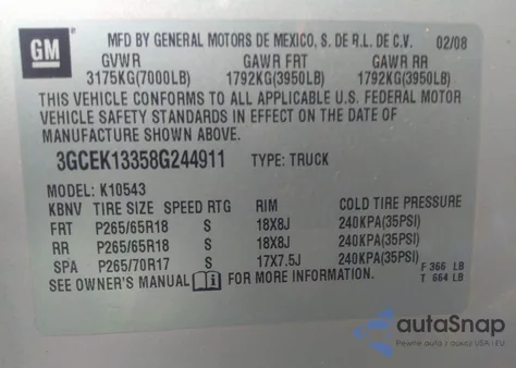 2008 Chevrolet Silverado 1500 Lt1 from USA, damaged, VIN 3GCEK13358G244911